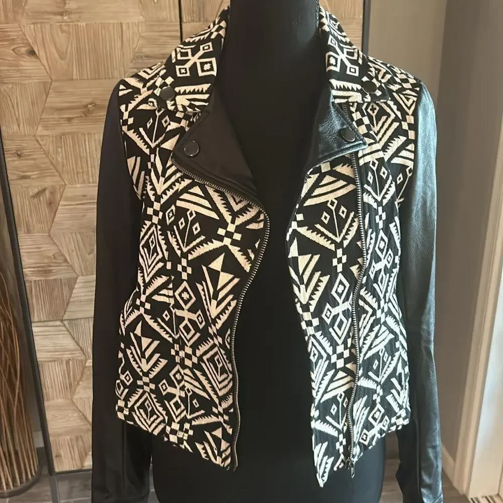 Blu Pepper Womens Moto Jacket Small Black White Aztec Print Bohochic - Picture 6 of 9